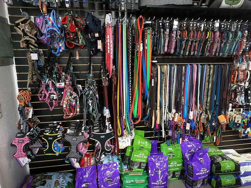 Leashes and Dog Food At Pet Shop